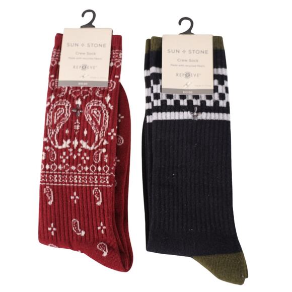 Sun + Stone 2-Pair Men's Knit Crew Socks - Black/Burgundy/White - NWT - Picture 1 of 2